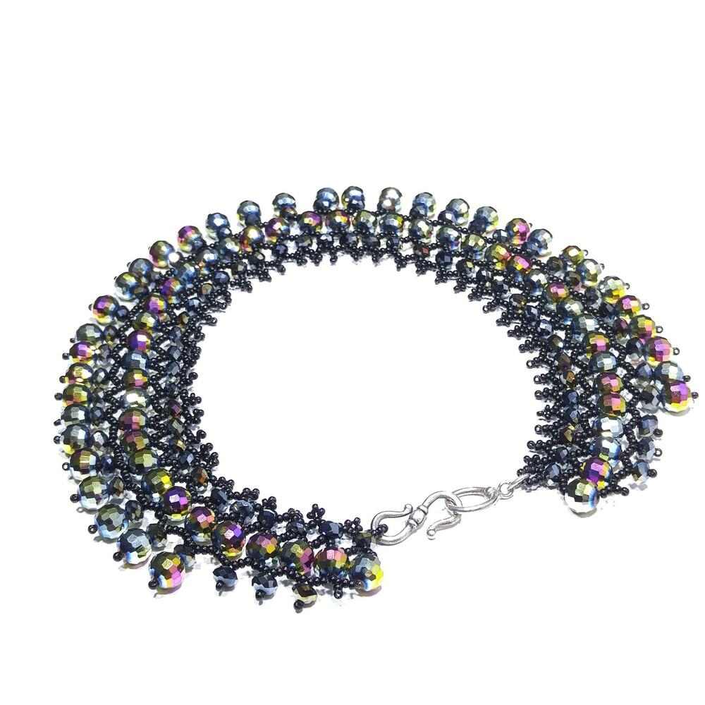 Handmade Czech Fire Polished Beaded Collar Necklace Black Seed Beads 16" - Picture 10 of 10